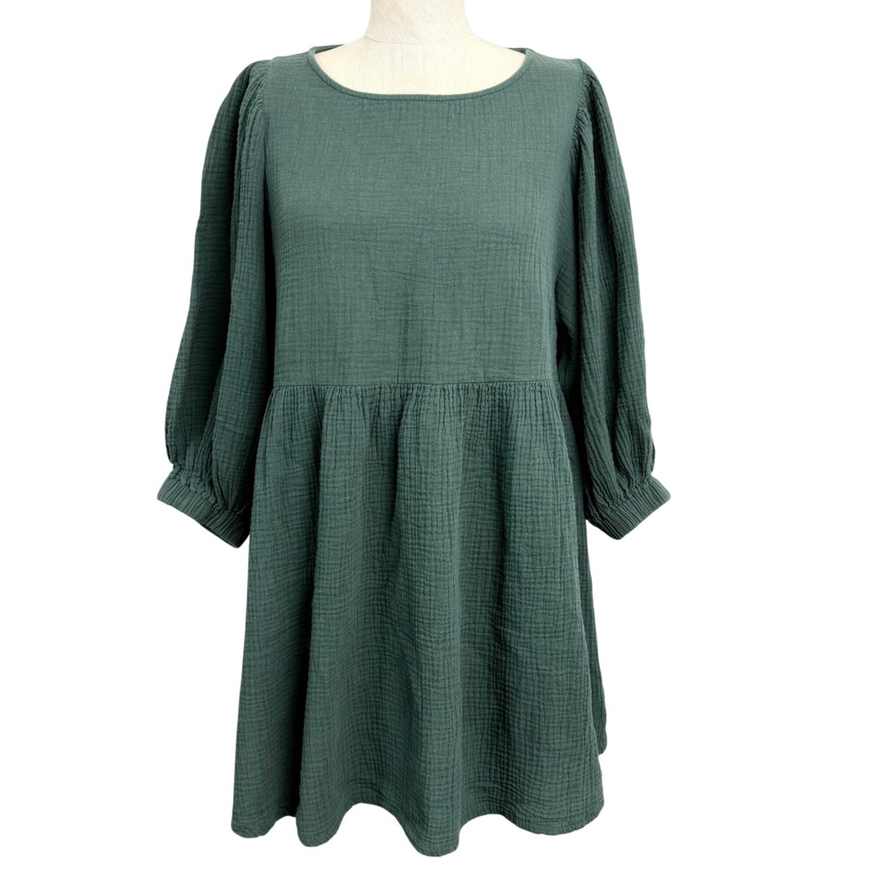 Carly Jean Los Angeles Green Cotton Gauze Babydoll Dress Size Medium Minimalist